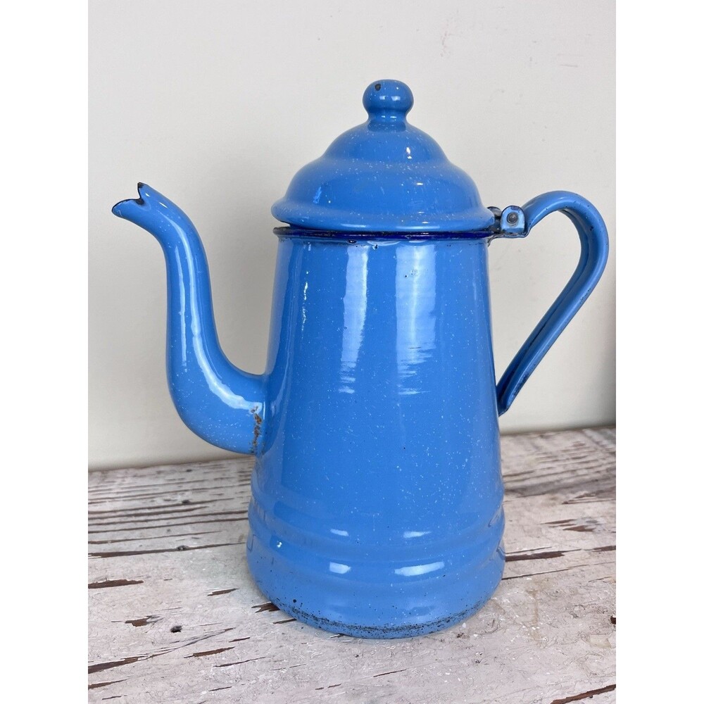 Vintage Blue Goose Neck Enamel Coffee Tea Pot / Primitive Farmhouse Kitchen 10.5
